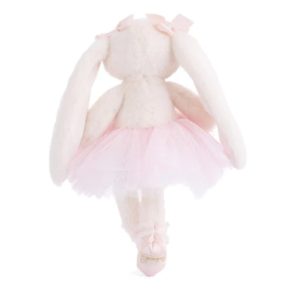 Dancing Jayleen the white ballerina bunny plush by Bukowski Bears, wearing a light pink tutu and matching bows on her ears.