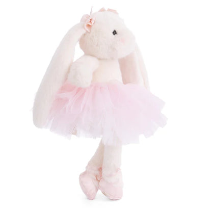 Dancing Jayleen the white ballerina bunny plush by Bukowski Bears, wearing a light pink tutu and matching bows on her ears.