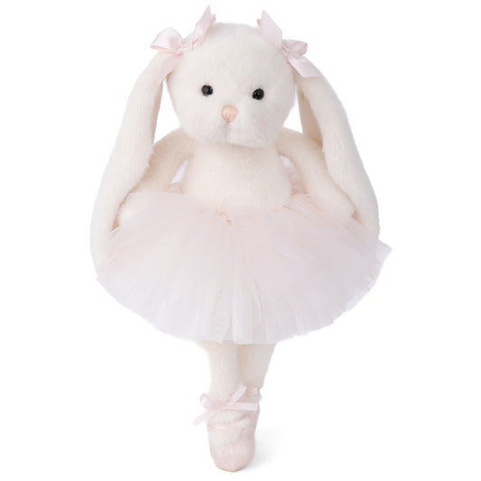 Dancing Jayleen the white ballerina bunny plush by Bukowski Bears, wearing a light pink tutu and matching bows on her ears.