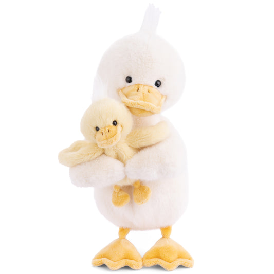 Bukowski Bears Dougie and Mama plush featuring a soft white mama duck lovingly holding her yellow baby duckling in her wings.