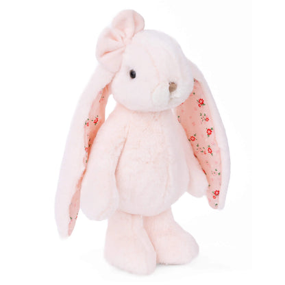 Bukowski Bears Friendly Kanina 12-inch pink bunny plush featuring a matching bow and long floppy ears lined with floral fabric.