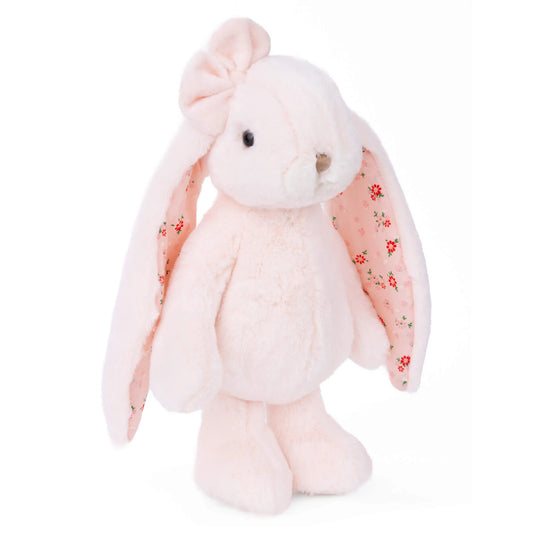 Bukowski Bears Friendly Kanina 12-inch pink bunny plush featuring a matching bow and long floppy ears lined with floral fabric.
