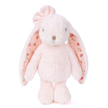 Bukowski Bears Friendly Kanina 12-inch pink bunny plush featuring a matching bow and long floppy ears lined with floral fabric.