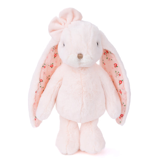 Bukowski Bears Friendly Kanina 12-inch pink bunny plush featuring a matching bow and long floppy ears lined with floral fabric.