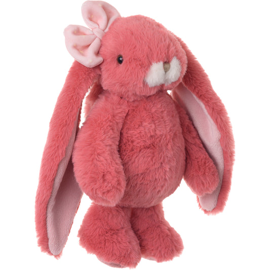 Bukowski Bears Friendly Kanina plush bunny in Tulip Pink featuring a big pink bow, a white muzzle, and long floppy ears.