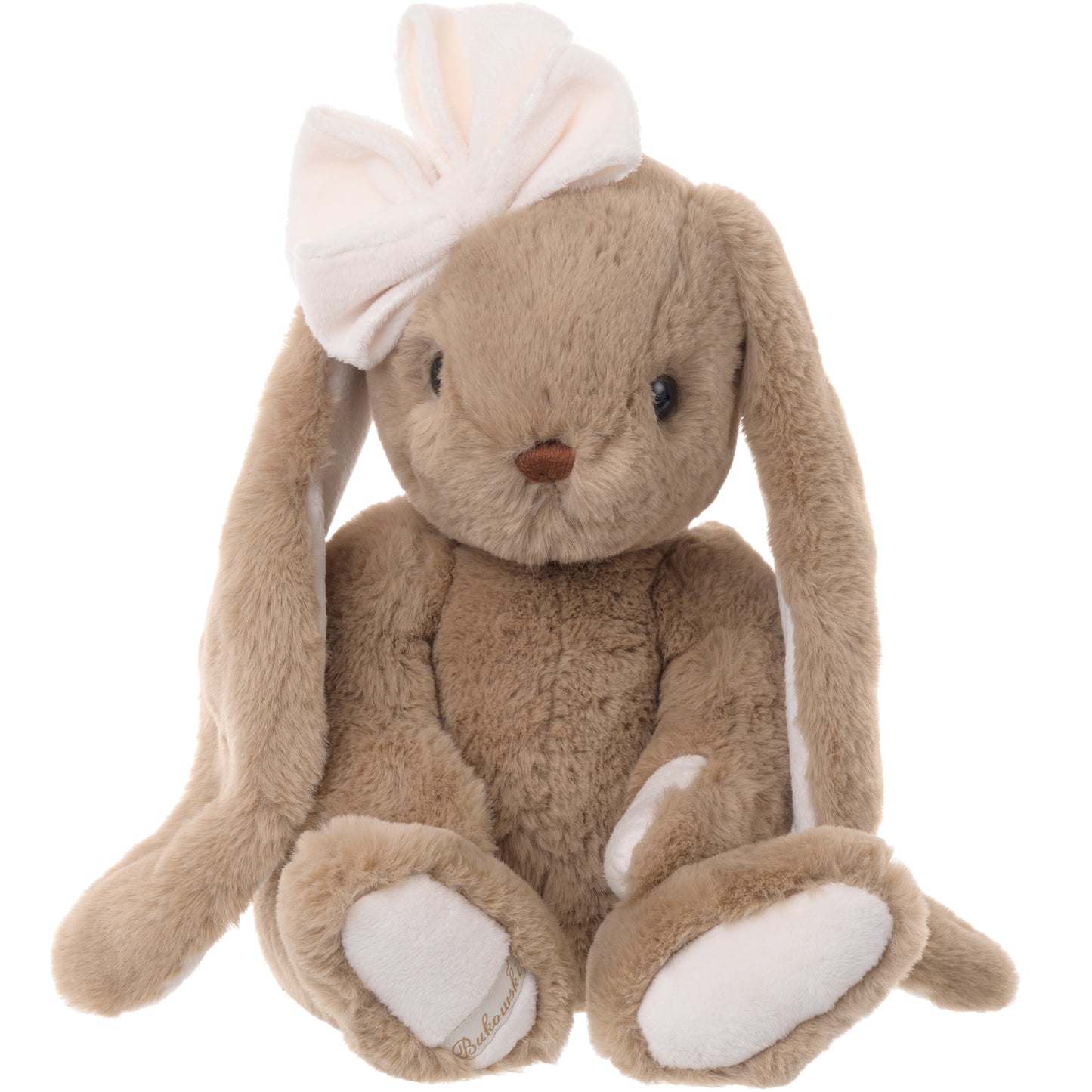 Bukowski Bears Gabrielle brown bunny plush featuring long cuddly ears and a large bow on her head.