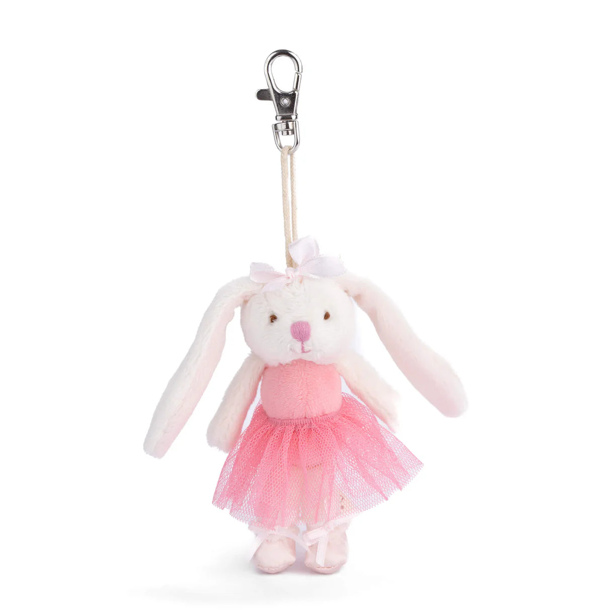 Bukowski Bears Jayleen bunny plush bag charm wearing a bright floral pink tutu and ballet slippers, attached to a metal keychain clip.