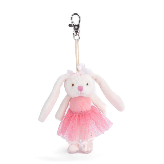 Bukowski Bears Jayleen bunny plush bag charm wearing a bright floral pink tutu and ballet slippers, attached to a metal keychain clip.