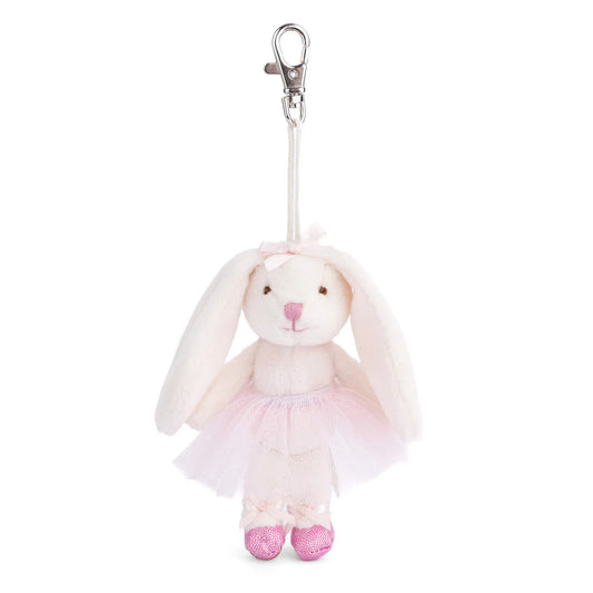 Bukowski Bears Jayleen light pink bunny plush bag charm wearing a tutu and ballet slippers, attached to a metal keychain clip.