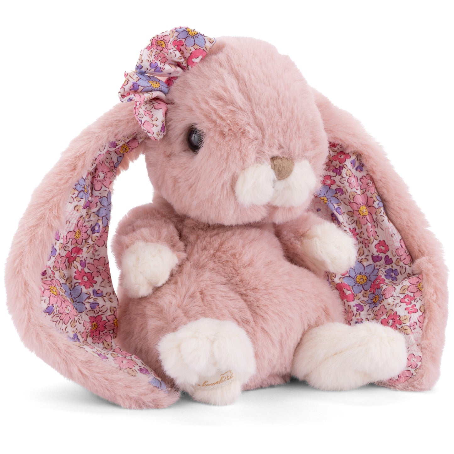 Bukowski Bears Kanina pink bunny plush featuring long floppy ears with floral lining and a matching floral bow on her head.