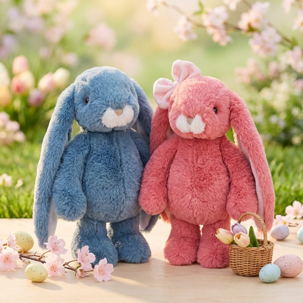 Two plush bunny toys, one blue and one pink, standing outdoors with flowers and a basket.