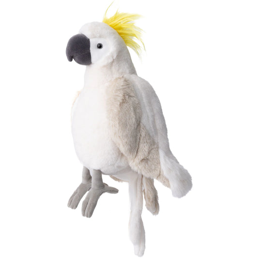 Bukowski Bears Mango cockatoo plush featuring brilliant white feathers, a striking yellow crest on its head, and a dark grey beak.
