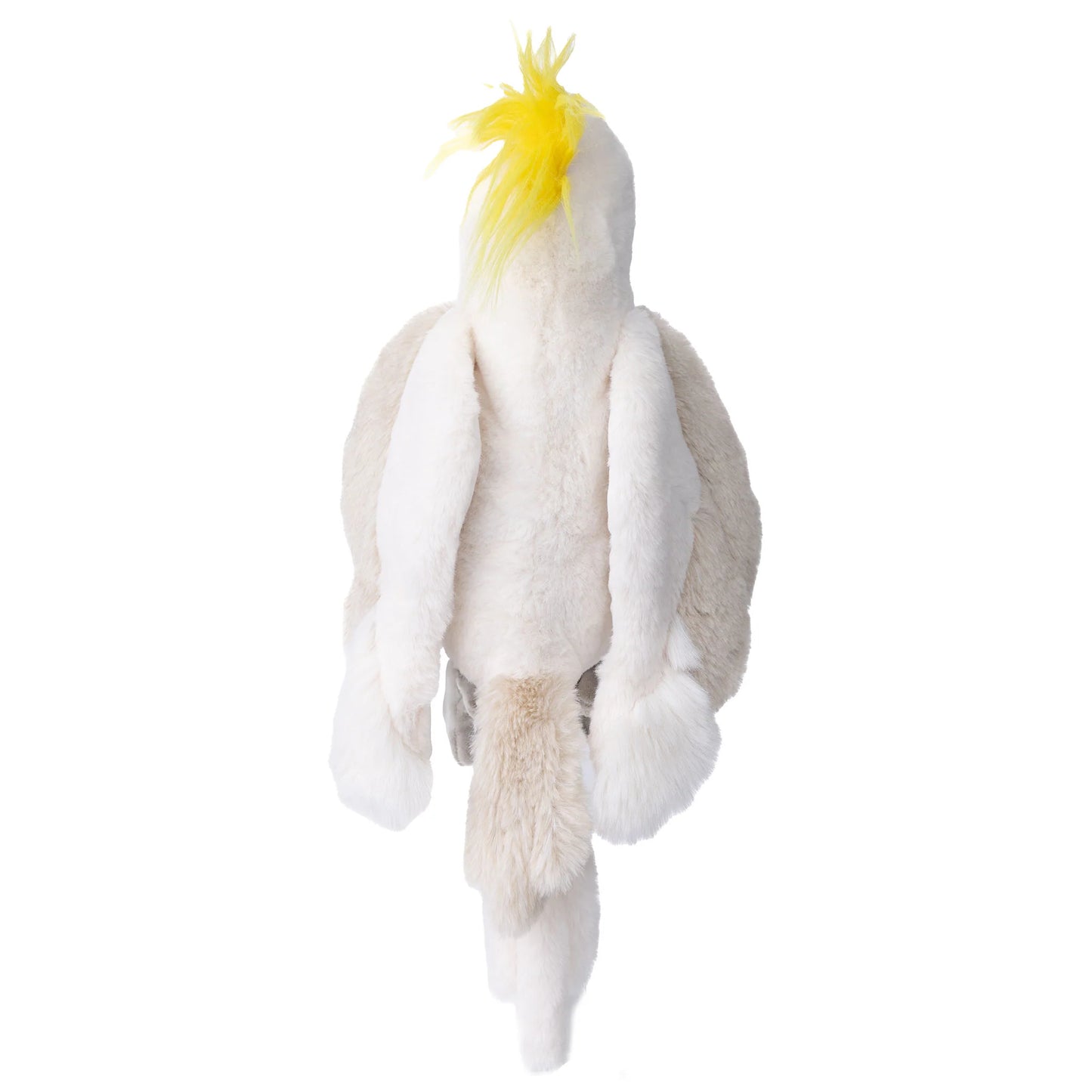 Bukowski Bears Mango cockatoo plush featuring brilliant white feathers, a striking yellow crest on its head, and a dark grey beak.