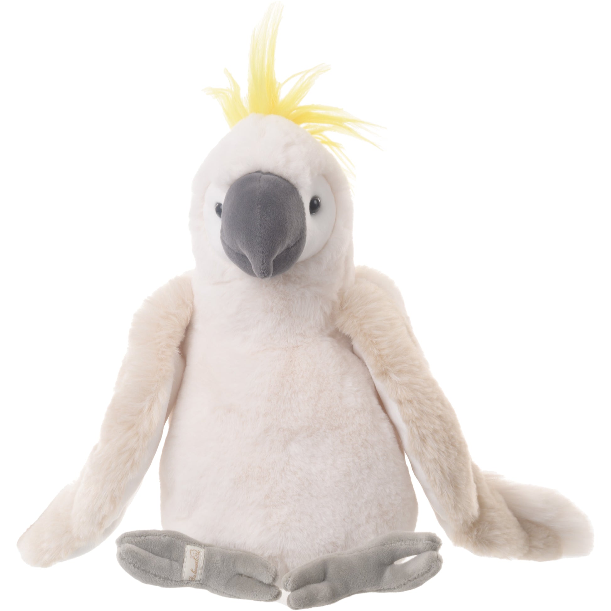Bukowski Bears Mango cockatoo plush featuring brilliant white feathers, a striking yellow crest on its head, and a dark grey beak.
