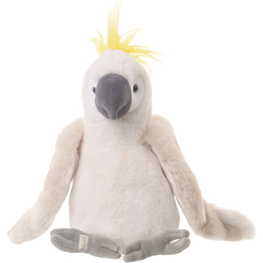 Bukowski Bears Mango cockatoo plush featuring brilliant white feathers, a striking yellow crest on its head, and a dark grey beak.