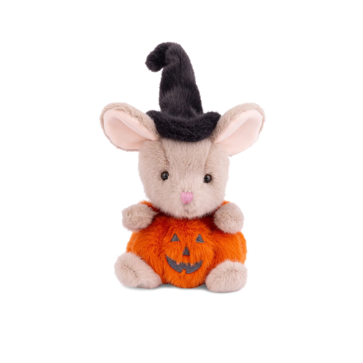 Bukowski Bears Mousy Pumpkin plush sitting upright featuring soft beige fur, a black witch hat, and a plush orange jack-o'-lantern body.