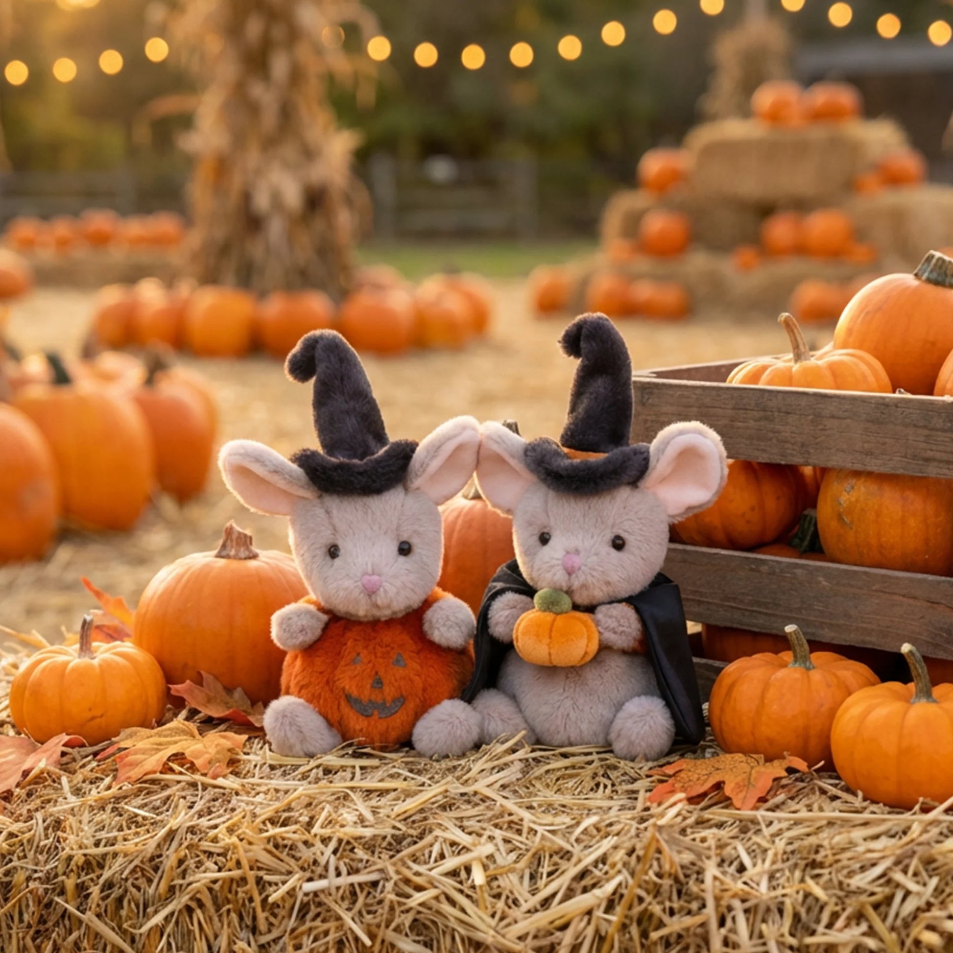 Two plush mouse toys dressed as witches sit on a bale of hay in a pumpkin patch setting, with orange pumpkins, hay, and warm string lights in the background.