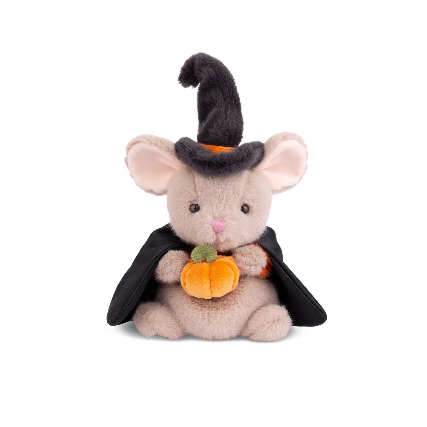 Bukowski Bears Mousy Witch plush sitting upright featuring soft beige fur, a black witch hat, a black cape, and holding a small plush pumpkin.