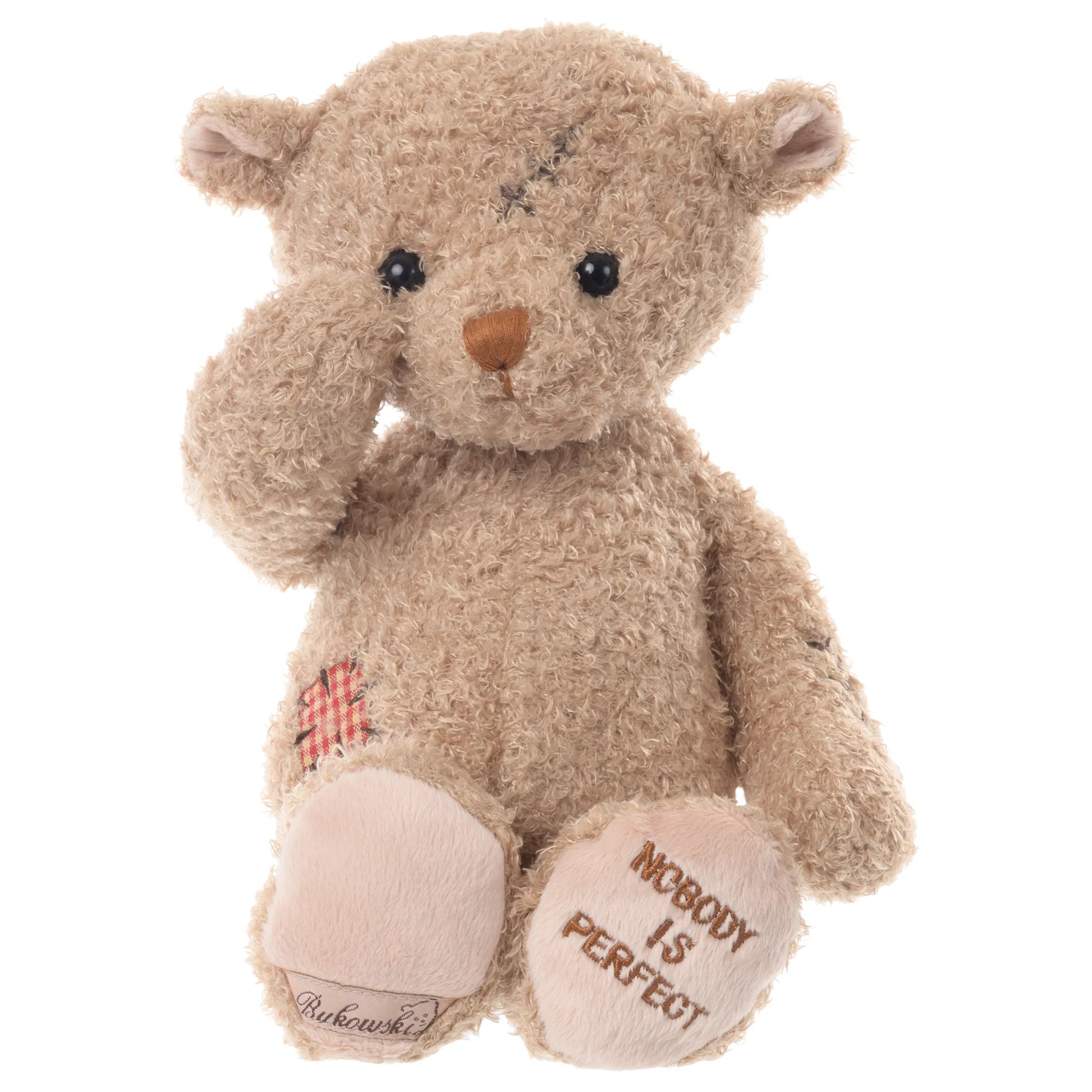 Bukowski Bears Nobody is Perfect plush bear featuring a stitched scar on the head, a red patch on the belly, and embroidered footpads.