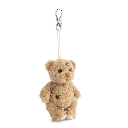 Bukowski Bears Nobody is Perfect plush bag charm featuring a scruffy brown bear with stitched details attached to a metal clasp.