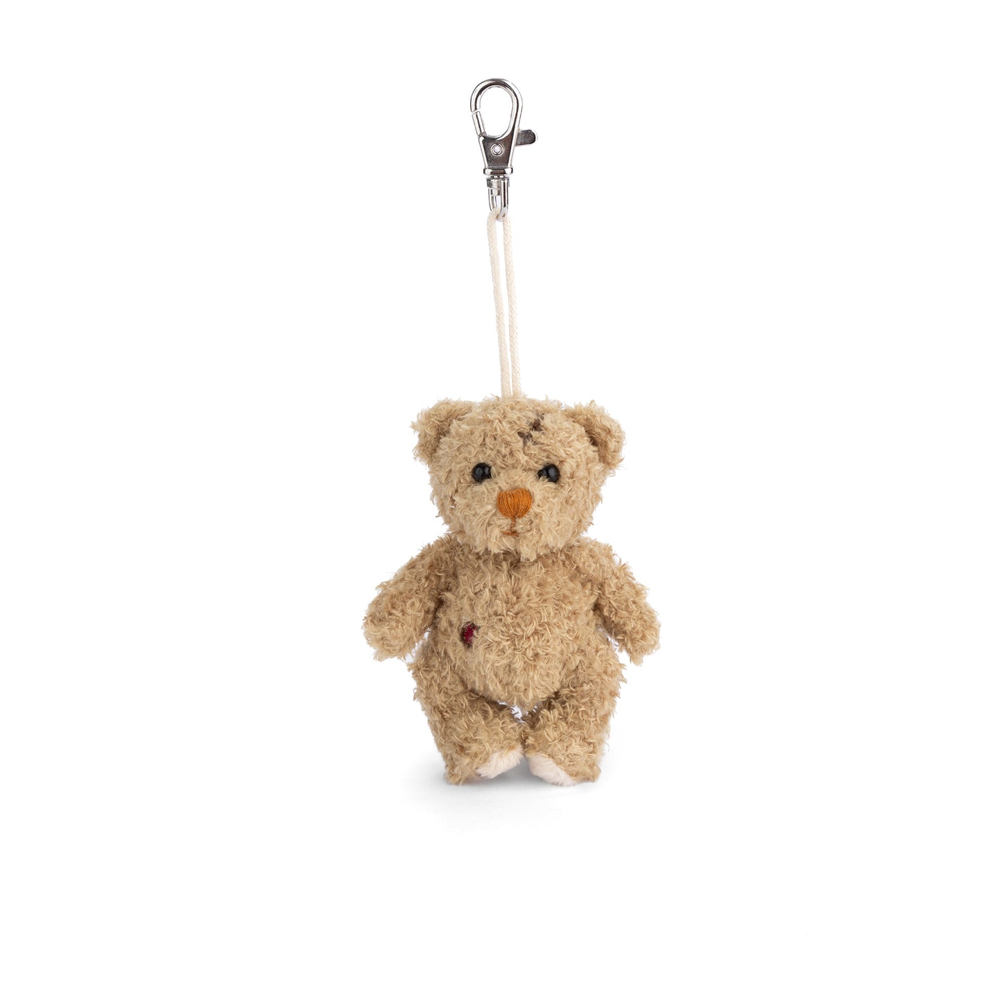 Bukowski Bears Nobody is Perfect plush bag charm featuring a scruffy brown bear with stitched details attached to a metal clasp.