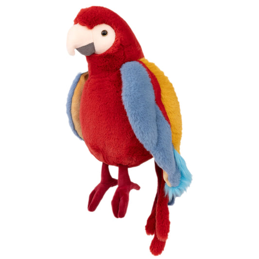 Bukowski Bears Papaya parrot plush featuring soft, vibrant feathers in vivid red, bright blue, and sunny yellow.
