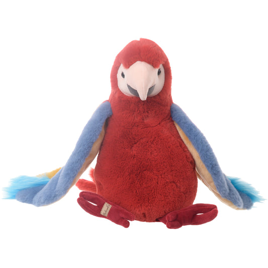 Bukowski Bears Papaya parrot plush featuring soft, vibrant feathers in vivid red, bright blue, and sunny yellow.