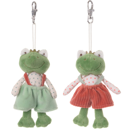 Bukowski Bears Prince Charm plush frog bag charm wearing a crown, polka-dot shirt, and green pants with suspenders, attached to a metal clip.