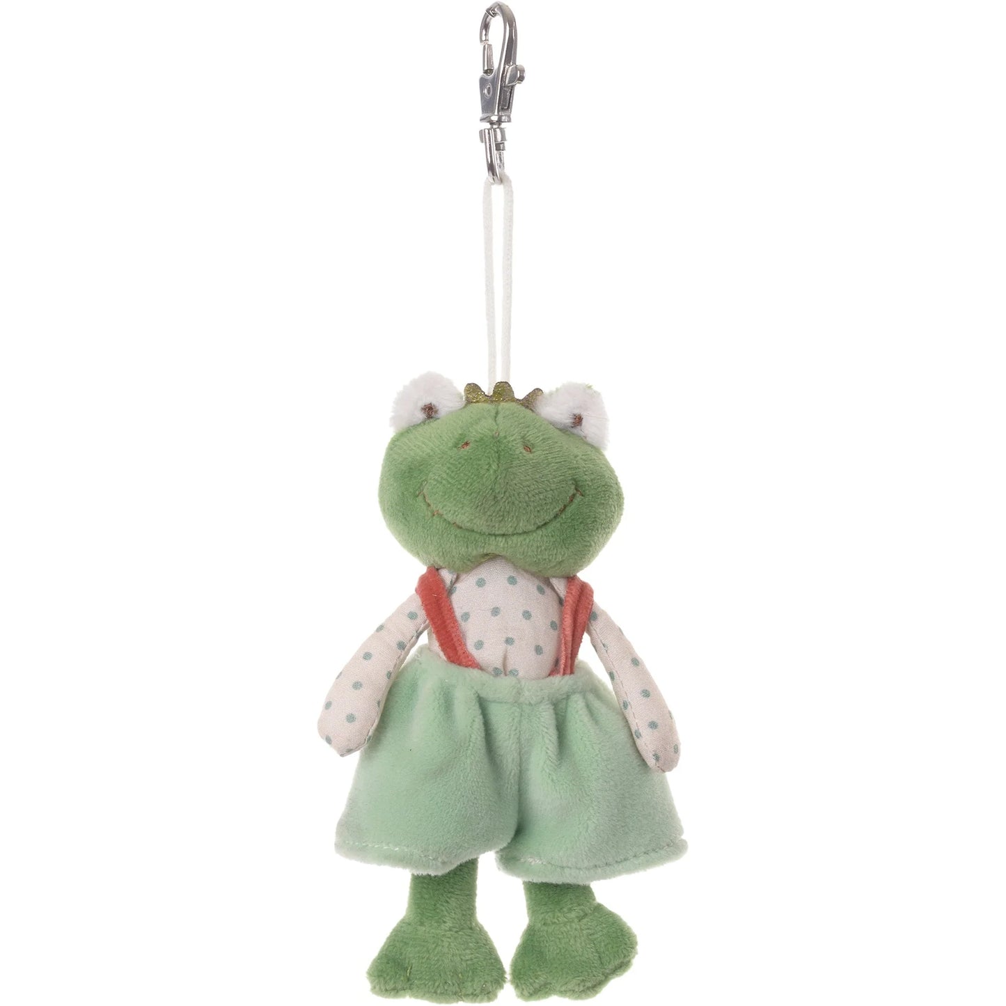 Bukowski Bears Prince Charm plush frog bag charm wearing a crown, polka-dot shirt, and green pants with suspenders, attached to a metal clip.