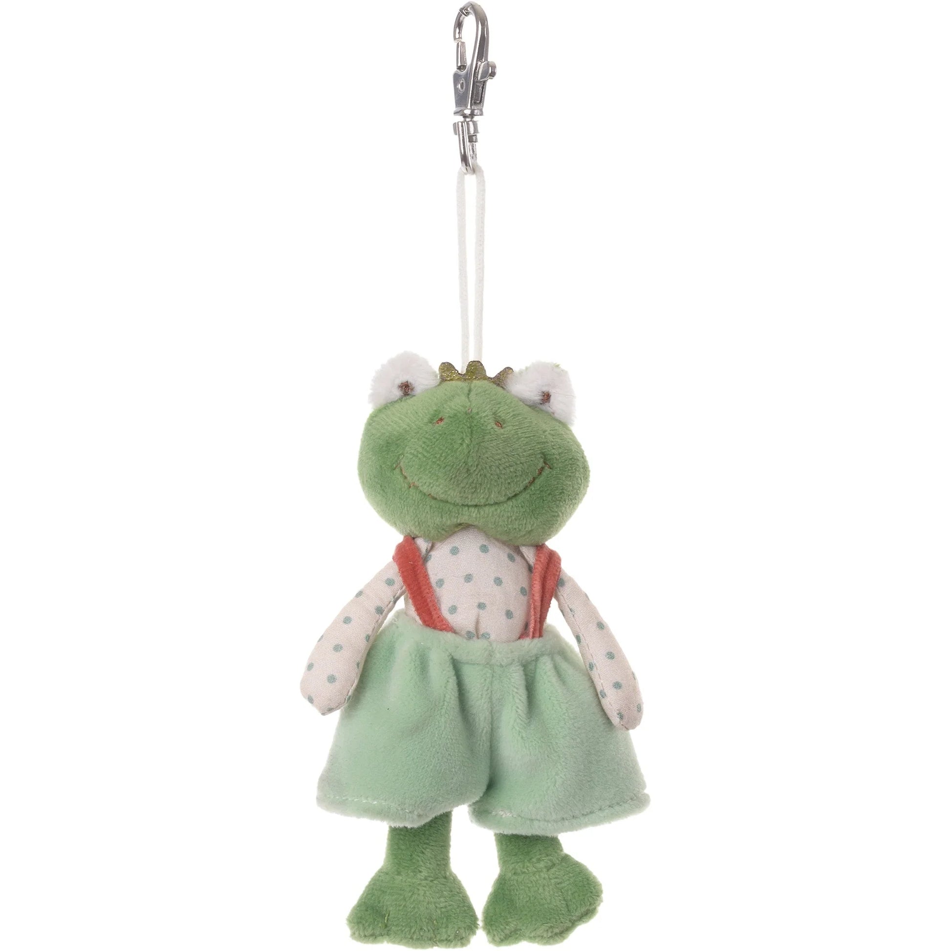 Bukowski Bears Prince Charm plush frog bag charm wearing a crown, polka-dot shirt, and green pants with suspenders, attached to a metal clip.