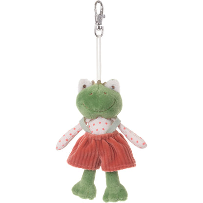 Bukowski Bears Prince Charm plush frog bag charm wearing a crown, polka-dot shirt, and red pants with suspenders, attached to a metal clip.