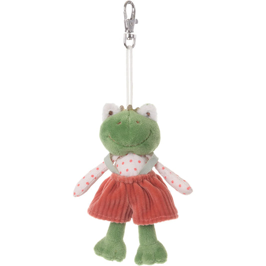 Bukowski Bears Prince Charm plush frog bag charm wearing a crown, polka-dot shirt, and red pants with suspenders, attached to a metal clip.