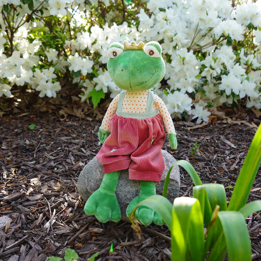 Bukowski Bears Prince 12-inch green frog plush wearing a golden crown, polka-dot shirt, and red corduroy patchwork overalls.