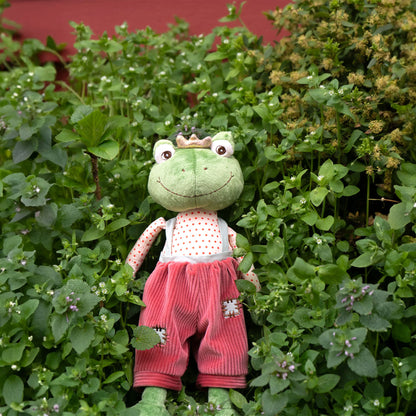 Bukowski Bears Prince 12-inch green frog plush wearing a golden crown, polka-dot shirt, and red corduroy patchwork overalls.