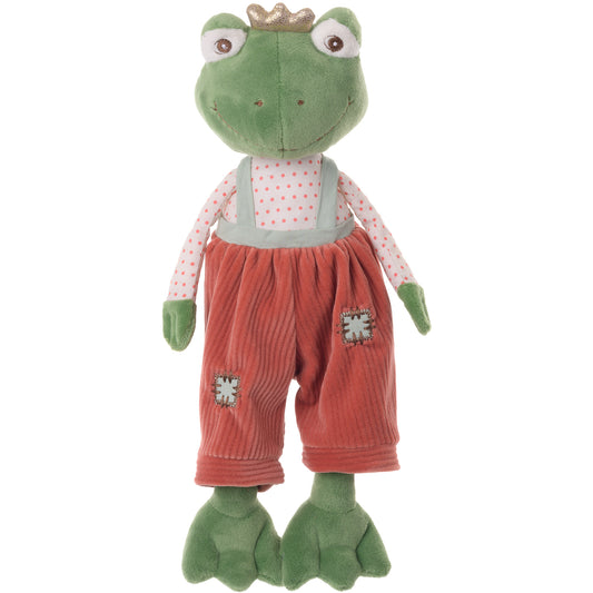 Bukowski Bears Prince 12-inch green frog plush wearing a golden crown, polka-dot shirt, and red corduroy patchwork overalls.