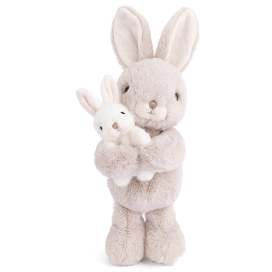 Bukowski Bears Sunny and Mama plush featuring a soft grey mama bunny lovingly holding her white baby bunny in her arms.