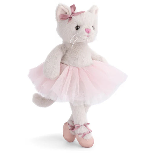 Sweet Albertina the white ballerina cat plush by Bukowski Bears, wearing a pink tutu, bow, and ballet slippers.