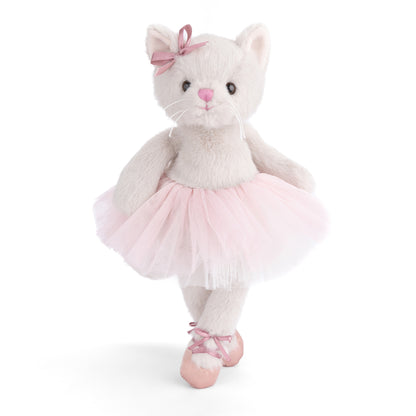 Sweet Albertina the white ballerina cat plush by Bukowski Bears, wearing a pink tutu, bow, and ballet slippers.