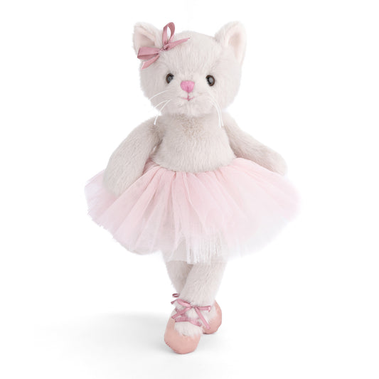 Sweet Albertina the white ballerina cat plush by Bukowski Bears, wearing a pink tutu, bow, and ballet slippers.