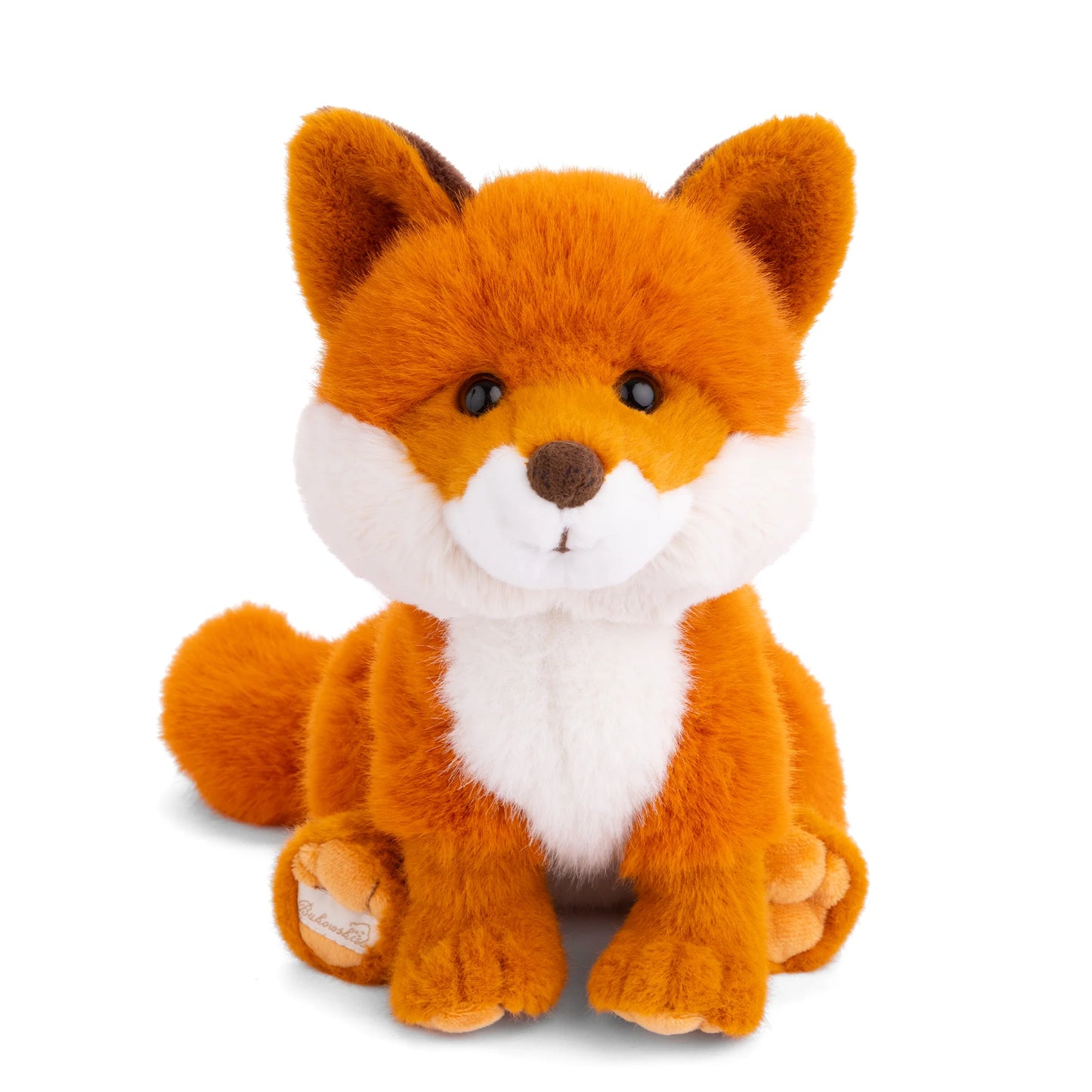 Bukowski Bears Sweet Clever Fox plush sitting down, featuring a vibrant orange coat, a fluffy white chest, and a bushy tail.