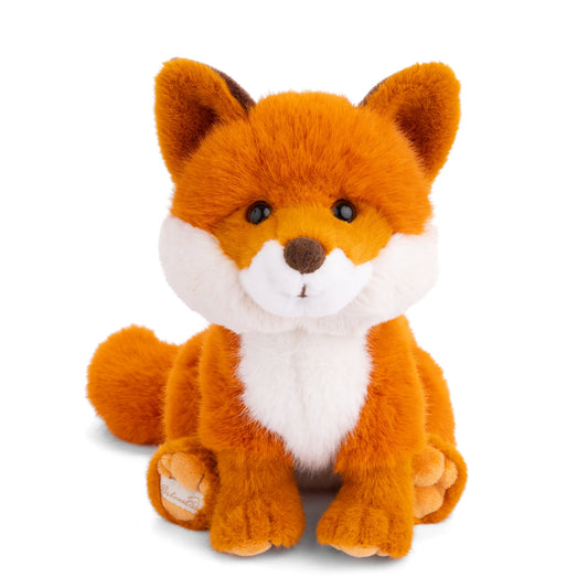 Bukowski Bears Sweet Clever Fox plush sitting down, featuring a vibrant orange coat, a fluffy white chest, and a bushy tail.