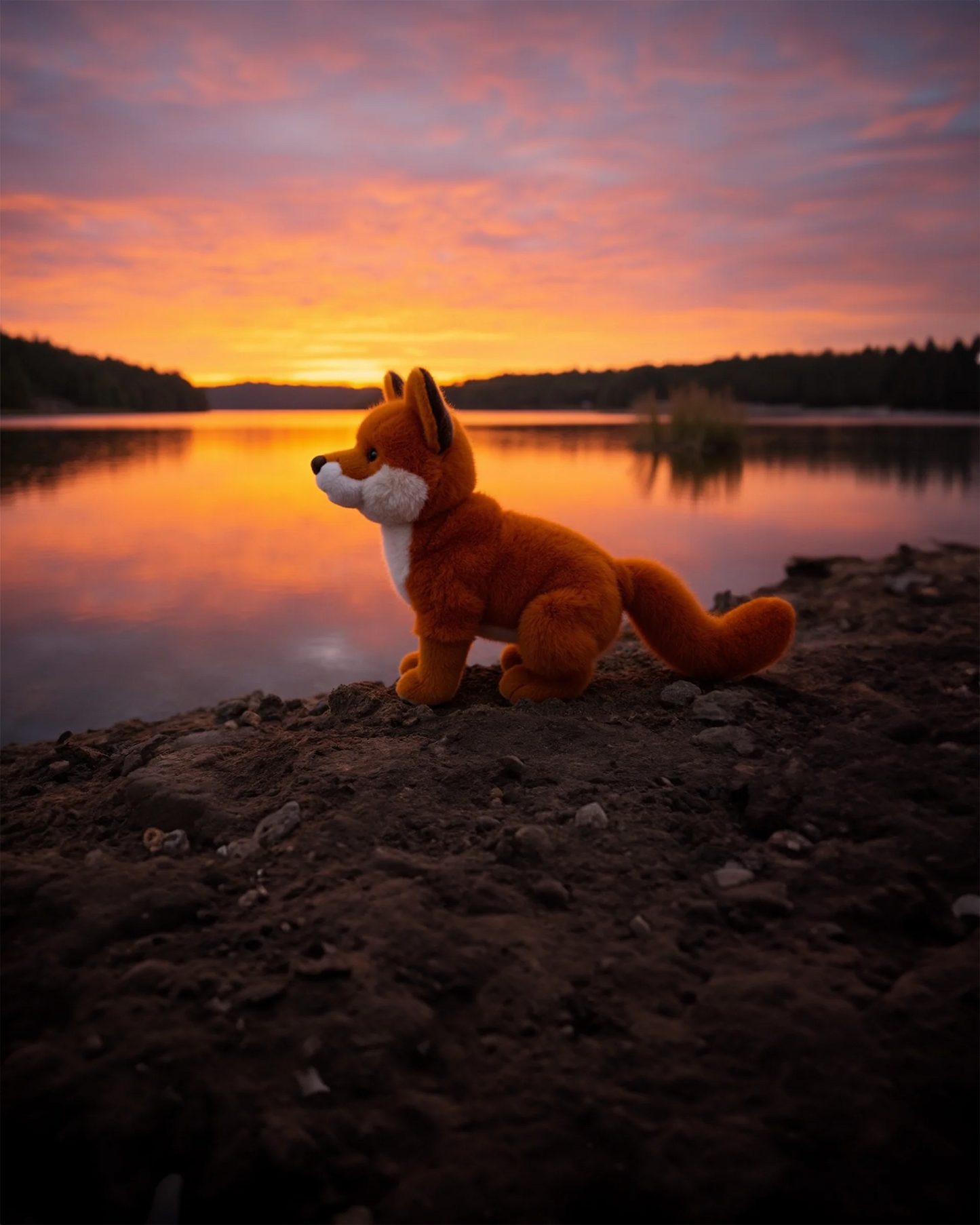 Bukowski Bears Sweet Clever Fox plush sitting down, featuring a vibrant orange coat, a fluffy white chest, and a bushy tail.