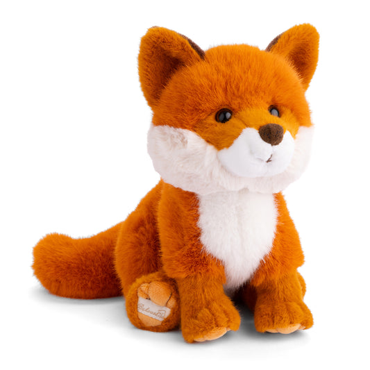 Bukowski Bears Sweet Clever Fox plush sitting down, featuring a vibrant orange coat, a fluffy white chest, and a bushy tail.