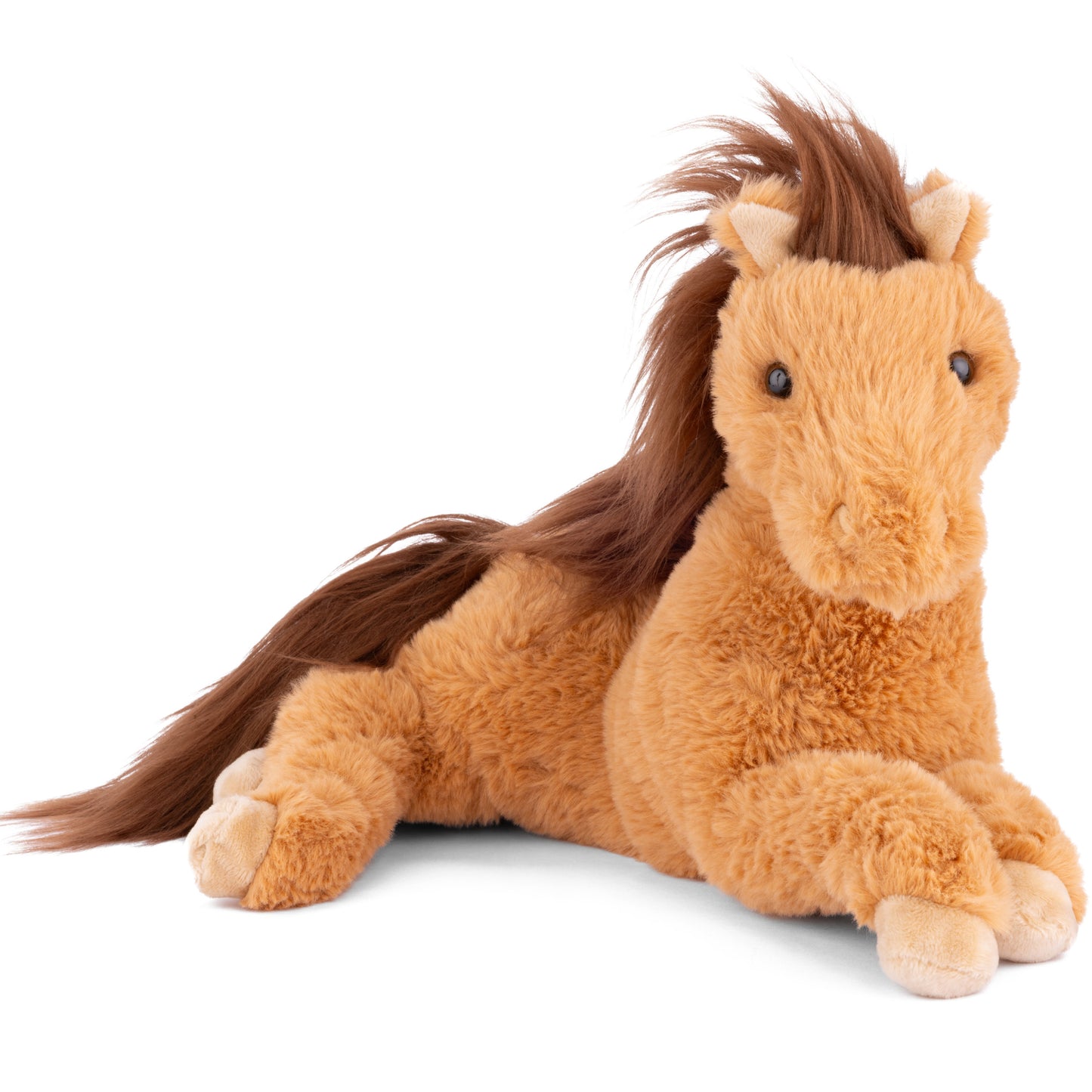 Bukowski Bears Tristan plush horse laying down, featuring a soft tan coat and long dark brown mane and tail.