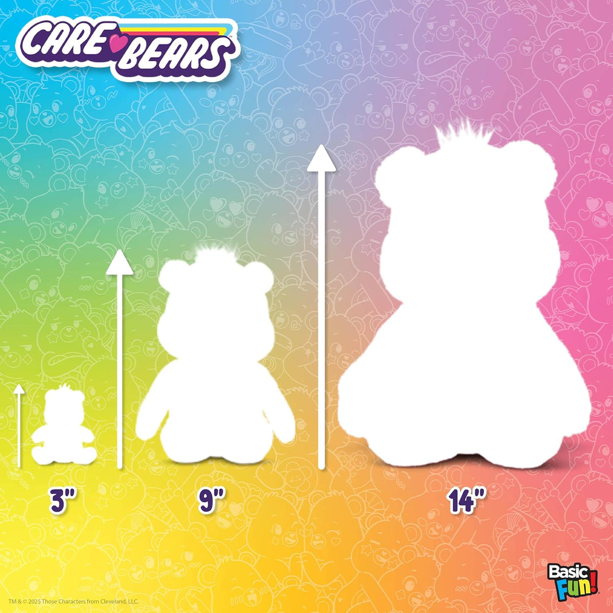 Care Bears character size chart with three different sizes on a colorful gradient background.
