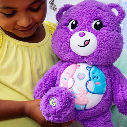 Care Bears Cozy Share Bear soft purple sherpa plush stuffed toy featuring an embroidered belly badge of two bears sharing a milkshake.