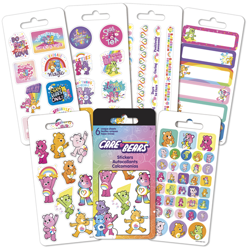 Six sheets of officially licensed Care Bears stickers by Sandylion featuring classic characters and positive messages.