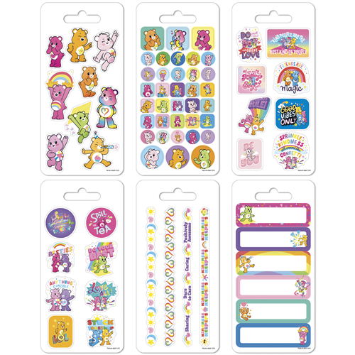 Collection of Care Bears stickers on packaging with various designs.