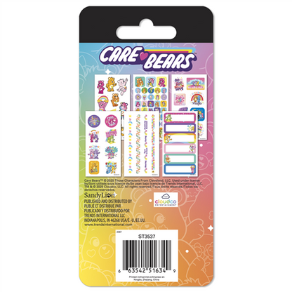 Packaged stickers with Care Bears design on a colorful background