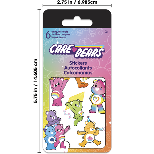 Care Bears stickers packaging with dimensions on a white background
